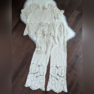 Solitaire 2 Piece Crochet Pant Short Sleeve Top Set Ivory White Beach S Small